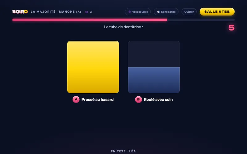 Écran LA MAJORITÉ : le débat du tube de dentifrice, le reveal en colonnes