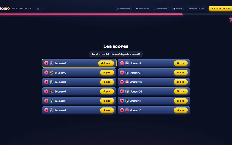 Écran LE PENDU : le tableau des scores après une manche, le mot n'a pas été trouvé à temps