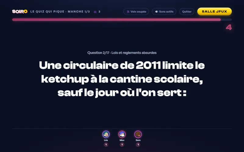 Écran LE QUIZ QUI PIQUE : une question à quatre choix et les piques en jeu